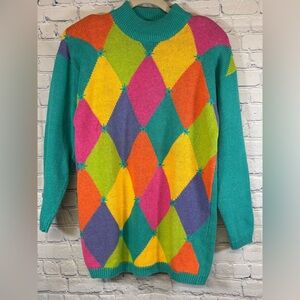 VINTAGE Santoria 1992 Teal Pink Harlequin Diamond Oversized Crewneck Sweater S